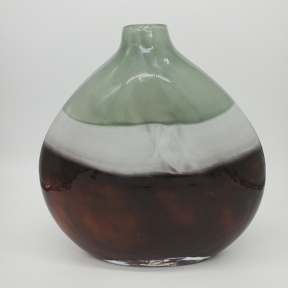 Pier One Imports Tear Drop 10" VASE Glass Hand Blown Heavy Green Brown Striped